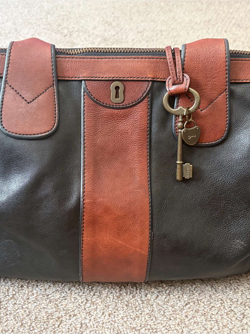 Fossil Black And Brown Leather Laptop Tote With Key Charm